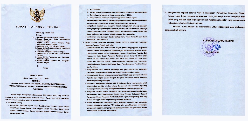 Pj Bupati Tapteng Terbitkan Surat Edaran Tentang Netralitas ASN pada Pemilu 2024